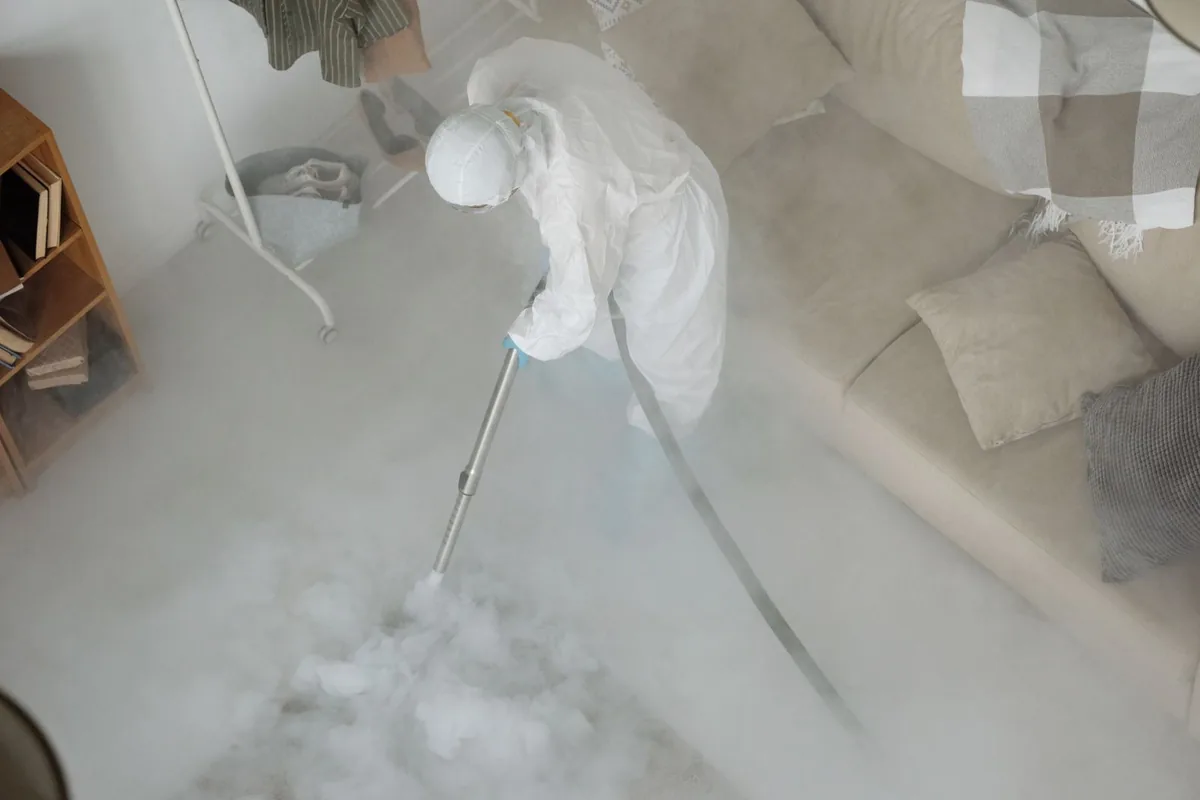 Biohazard cleanup technician in protective equipment, Garden City, GA